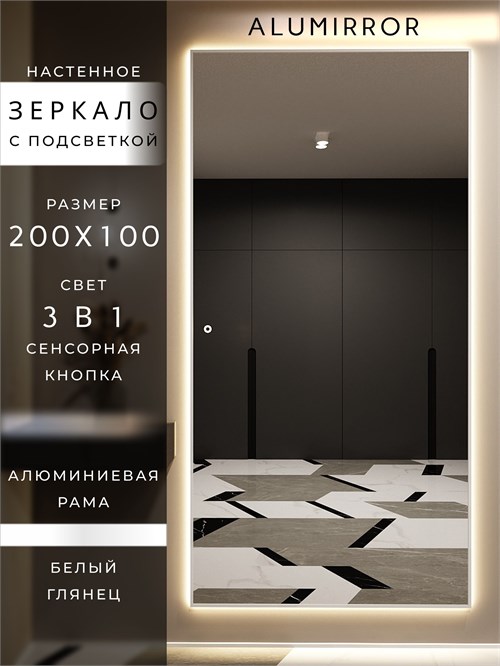 Зеркало настенное 200х100 см с подсветкой сенсорное в алюминиевой раме интерьерное ALUMIRROR 11000_200x100_BL_CTRL_сенсор_LIGHT_TUNABLE