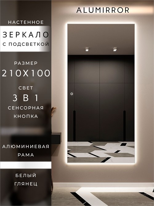 Зеркало настенное 210х100 см с подсветкой сенсорное в алюминиевой раме интерьерное ALUMIRROR 11000_210x100_BL_CTRL_сенсор_LIGHT_TUNABLE