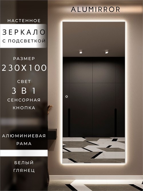 Зеркало настенное 230х100 см с подсветкой сенсорное в алюминиевой раме интерьерное ALUMIRROR 11000_230x100_BL_CTRL_сенсор_LIGHT_TUNABLE