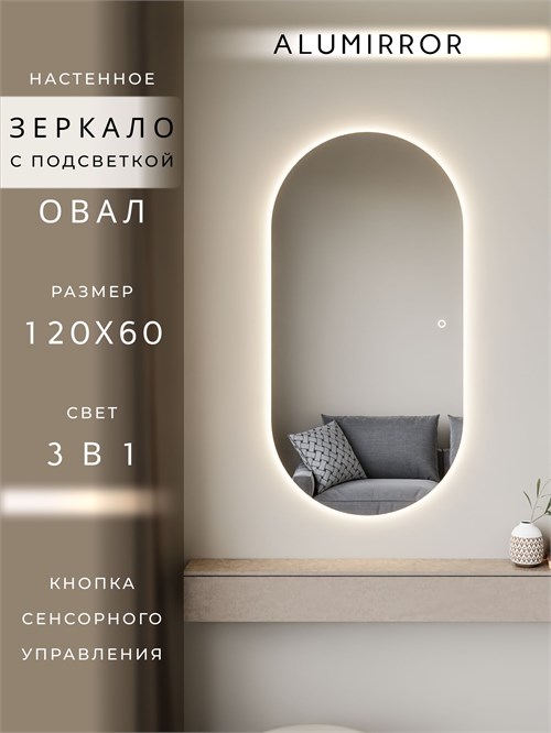 Зеркало настенное 120х60 см. сенсорное овальное с подсветкой М6 ALUMIRROR М6_120x60_BL_CTRL_сенсор_LIGHT_TUNABLE