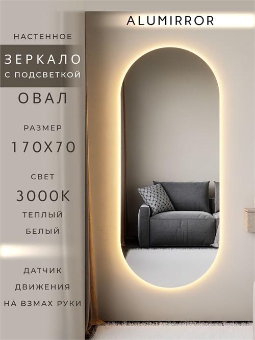 Зеркало настенное 170х70 см. теплый свет 3000К овальное с подсветкой М6 ALUMIRROR М6_170x70_BL_CTRL_бесконтактный_сенсор_LIGHT_теплый