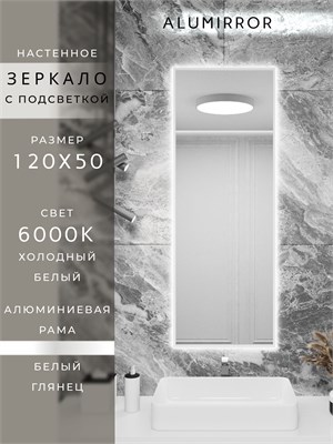 {{photo.Alt || photo.Description || 'Зеркало в ванную 120х50 см с подсветкой. Свет: Холодный белый 6000К. В алюминиевой раме настенное ALUMIRROR'}}