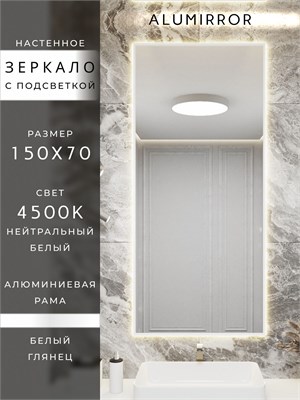 {{photo.Alt || photo.Description || 'Зеркало в ванную 150х70 см с подсветкой. Свет: Нейтральный белый 4500К. В алюминиевой раме настенное ALUMIRROR'}}