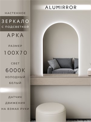{{photo.Alt || photo.Description || 'Зеркало настенное 100х70 см. холодный свет 6000К арочное с подсветкой М5 ALUMIRROR'}}