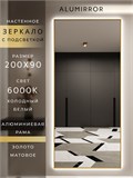 Зеркало настенное 200х90 см с подсветкой. Свет: Холодный белый 6000К. В алюминиевой раме интерьерное ALUMIRROR 200-240_200x90_BL_CTRL_нет_LIGHT_холодный