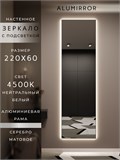 Зеркало настенное 220х60 см с подсветкой. Свет: Нейтральный белый 4500К. В алюминиевой раме интерьерное ALUMIRROR 200-240_220x60_BL_CTRL_нет_LIGHT_нейтральный