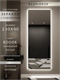 Зеркало настенное 230х90 см с подсветкой. Свет: Холодный белый 6000К. В алюминиевой раме интерьерное ALUMIRROR 200-240_230x90_BL_CTRL_нет_LIGHT_холодный